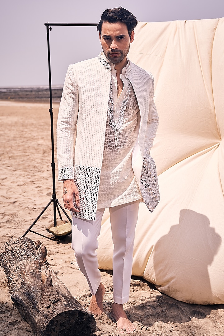 White Chanderi Silk Mirror Work Indowestern Set by KAAJ Button