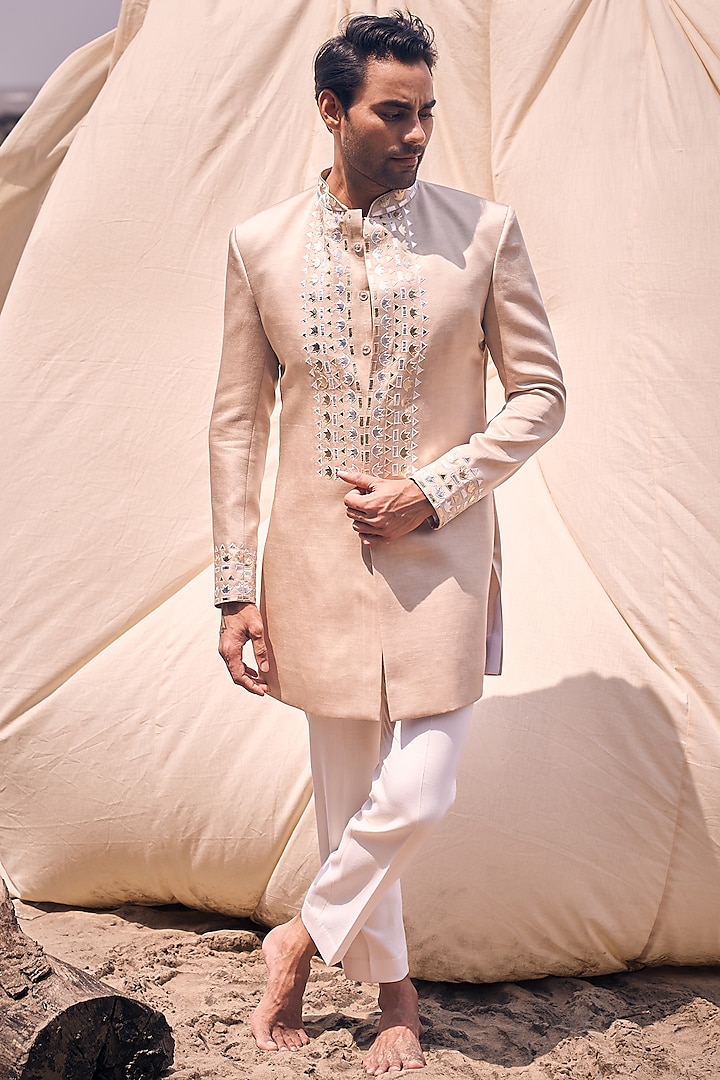 Gold Chanderi Silk Applique Embroidered Achkan Jacket Set by KAAJ Button