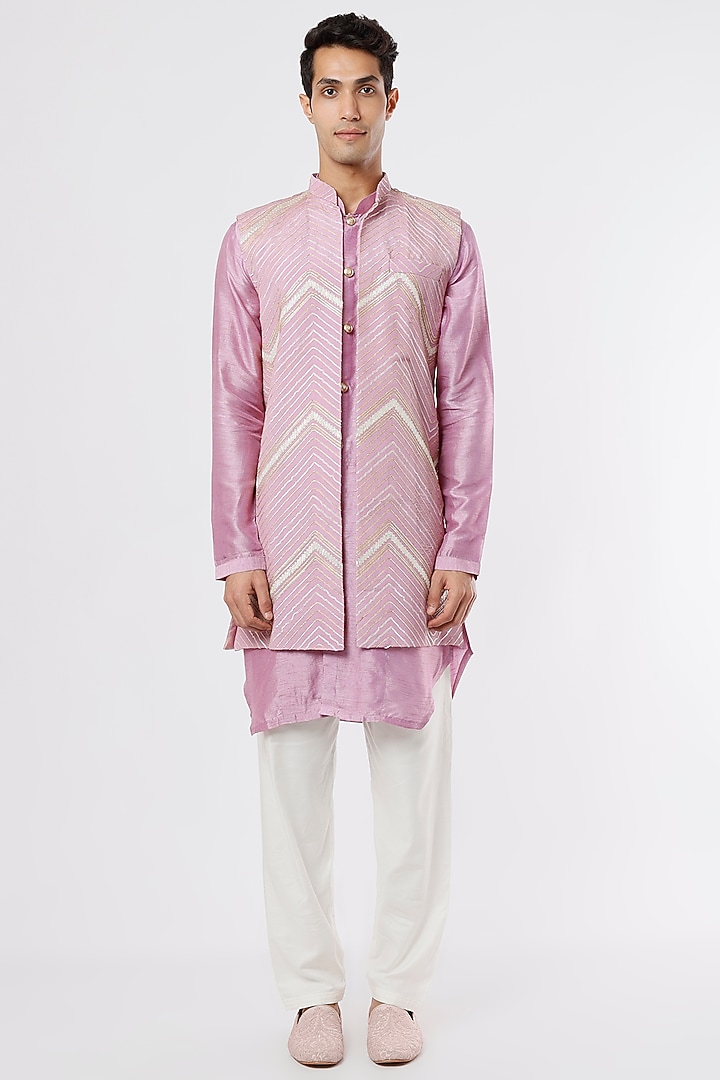 Lavender Embroidered Bundi Jacket With Kurta Set by KAAJ Button at Pernia's Pop Up Shop