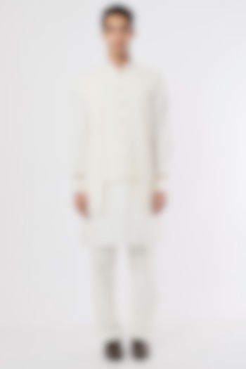 Off-White Silk Bundi Jacket With Kurta Set by KAAJ Button