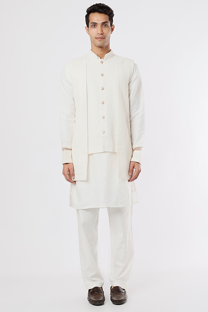 Off-White Silk Bundi Jacket With Kurta Set by KAAJ Button