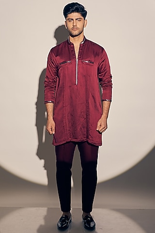 Deep Maroon Satin Linen Kurta Set by KAAJ Button
