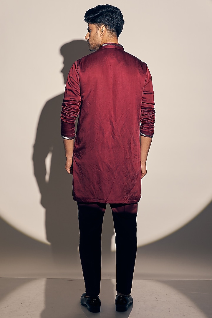 Deep Maroon Satin Linen Kurta Set by KAAJ Button at Pernia's Pop Up Shop