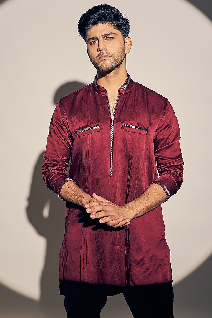 Deep Maroon Satin Linen Kurta Set by KAAJ Button at Pernia's Pop Up Shop