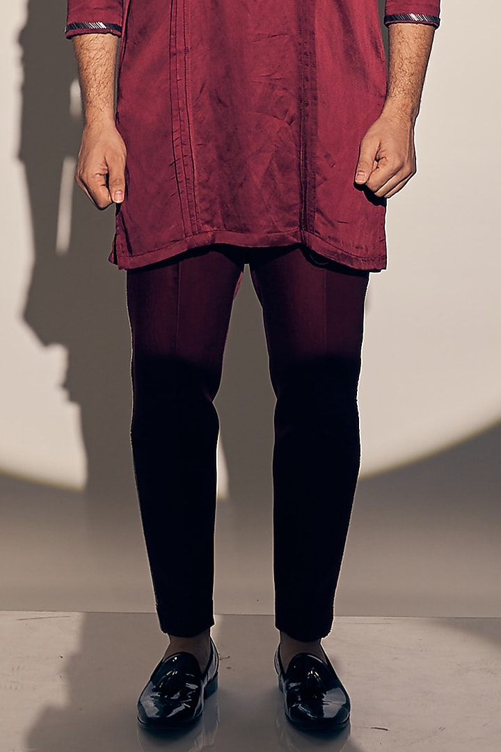Deep Maroon Satin Linen Kurta Set by KAAJ Button at Pernia's Pop Up Shop