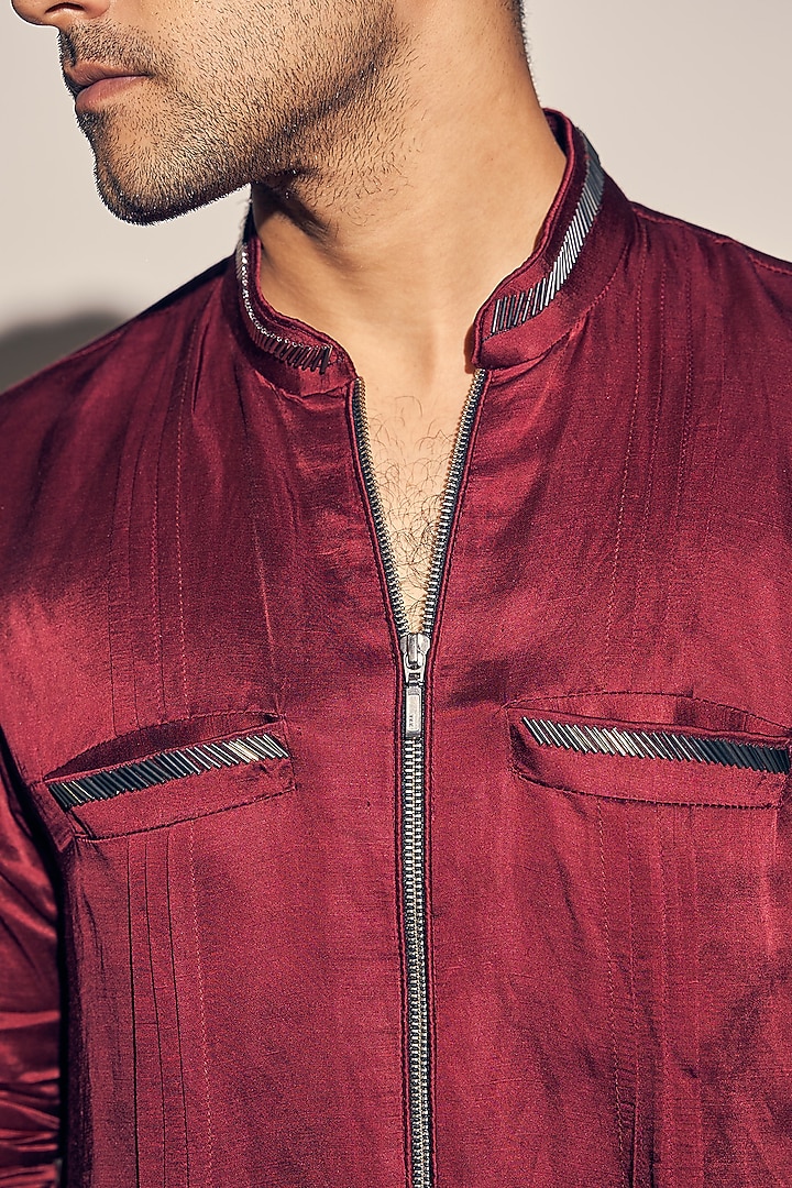 Deep Maroon Satin Linen Kurta Set by KAAJ Button at Pernia's Pop Up Shop