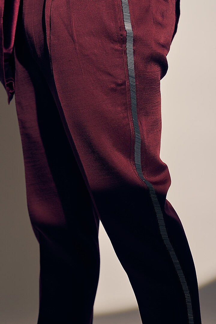 Deep Maroon Satin Linen Kurta Set by KAAJ Button at Pernia's Pop Up Shop