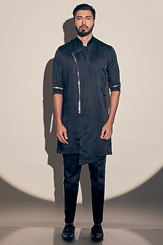 Blue Satin Linen Kurta Set by KAAJ Button