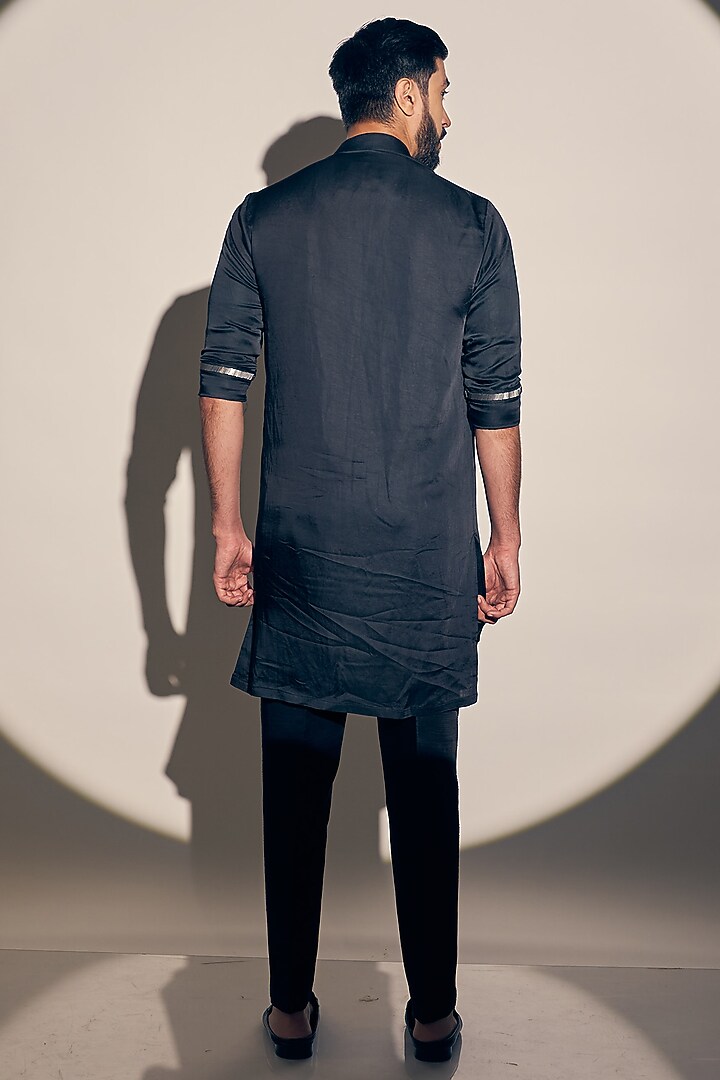 Blue Satin Linen Kurta Set by KAAJ Button at Pernia's Pop Up Shop