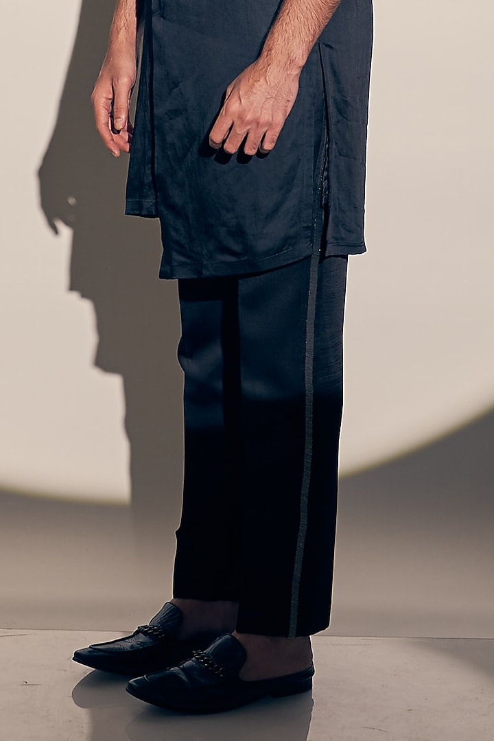 Blue Satin Linen Kurta Set by KAAJ Button at Pernia's Pop Up Shop