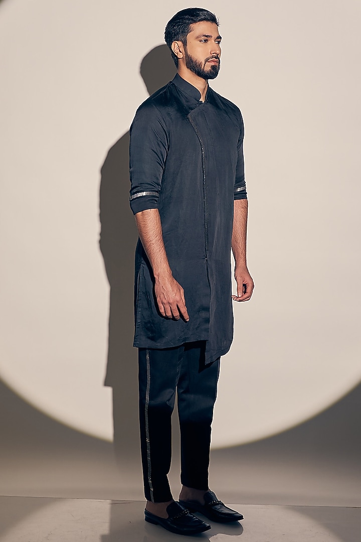 Blue Satin Linen Kurta Set by KAAJ Button at Pernia's Pop Up Shop