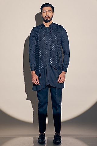 Navy Blue Suiting & Cotton Satin Hand Embroidered Indowestern Set by KAAJ Button