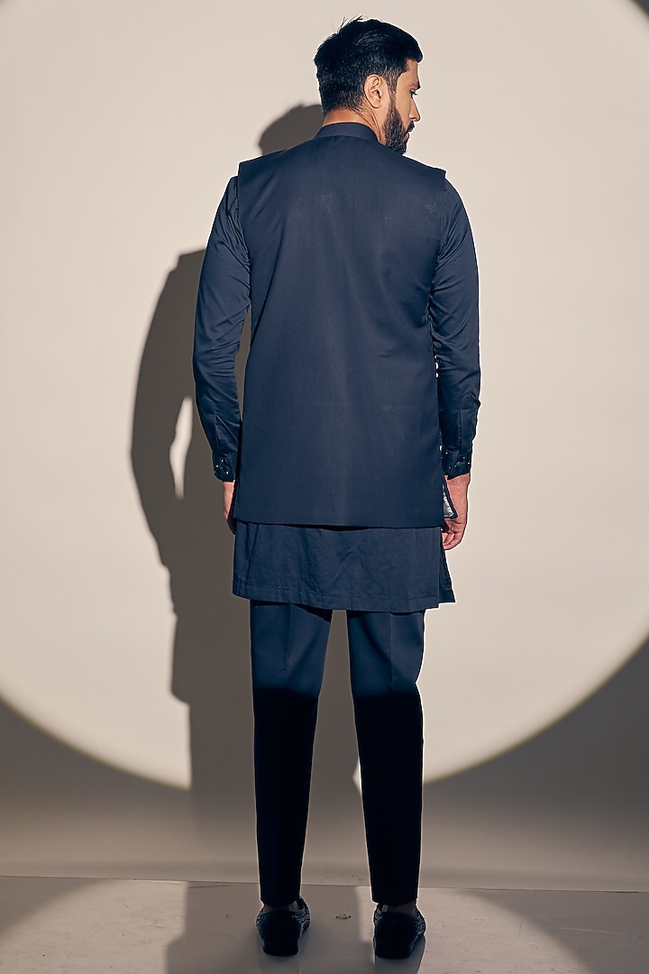Navy Blue Suiting & Cotton Satin Hand Embroidered Wedding Indowestern Set by KAAJ Button at Pernia's Pop Up Shop