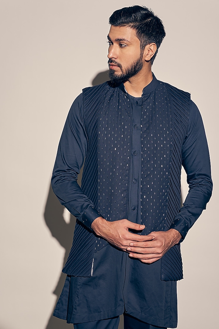 Navy Blue Suiting & Cotton Satin Hand Embroidered Wedding Indowestern Set by KAAJ Button at Pernia's Pop Up Shop