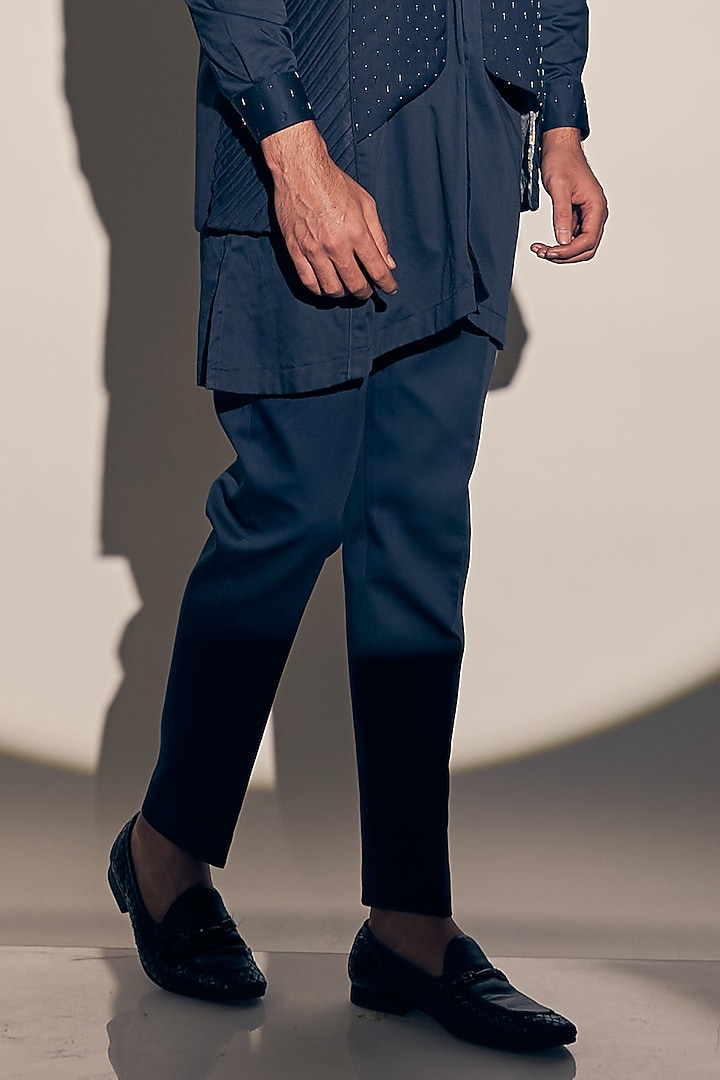 Navy Blue Suiting & Cotton Satin Hand Embroidered Wedding Indowestern Set by KAAJ Button at Pernia's Pop Up Shop