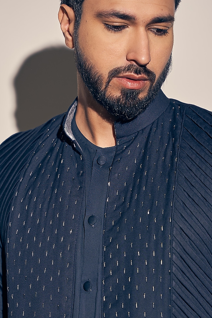 Navy Blue Suiting & Cotton Satin Hand Embroidered Wedding Indowestern Set by KAAJ Button at Pernia's Pop Up Shop
