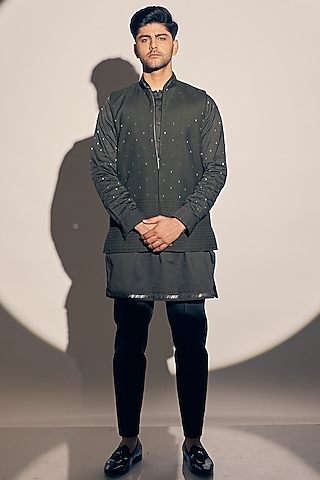 Olive Suiting & Cotton Satin Indowestern Set by KAAJ Button