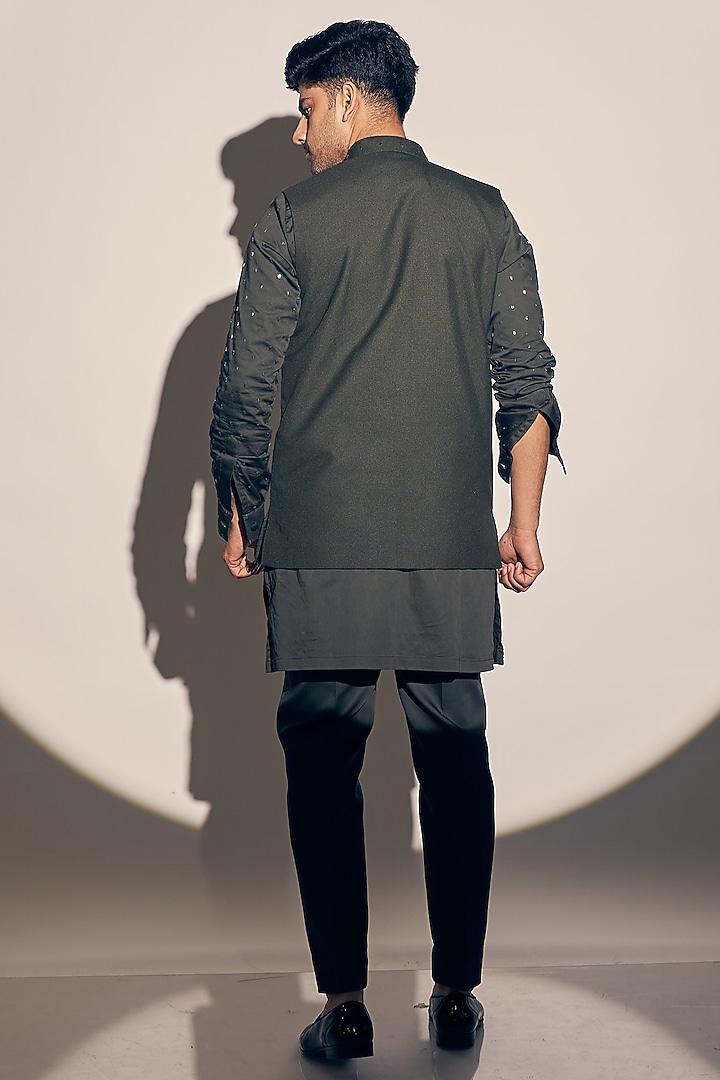 Olive Suiting & Cotton Satin Wedding Indowestern Set by KAAJ Button at Pernia's Pop Up Shop