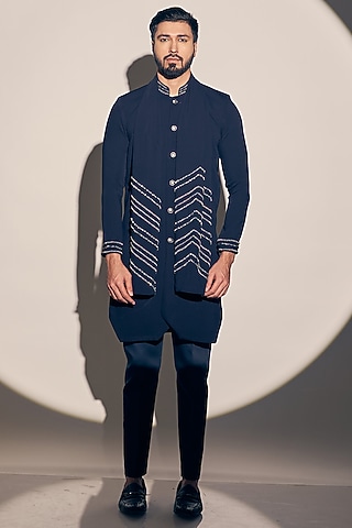 Navy Blue Twill Kurta Set by KAAJ Button