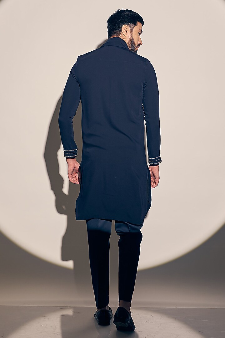 Navy Blue Twill Kurta Set by KAAJ Button at Pernia's Pop Up Shop