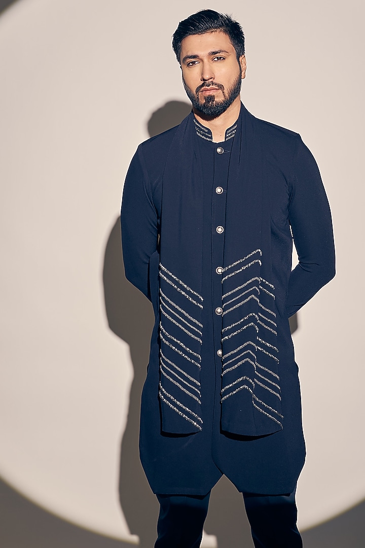 Navy Blue Twill Kurta Set by KAAJ Button at Pernia's Pop Up Shop