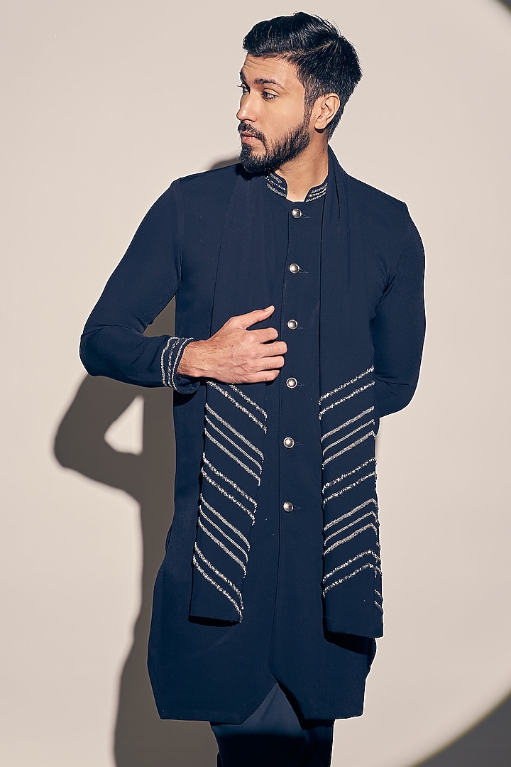 Navy Blue Twill Kurta Set by KAAJ Button at Pernia's Pop Up Shop