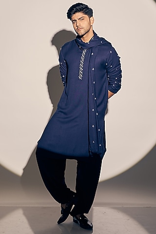 Navy Blue Twill Cotton Hand Embroidered Kurta Set by KAAJ Button