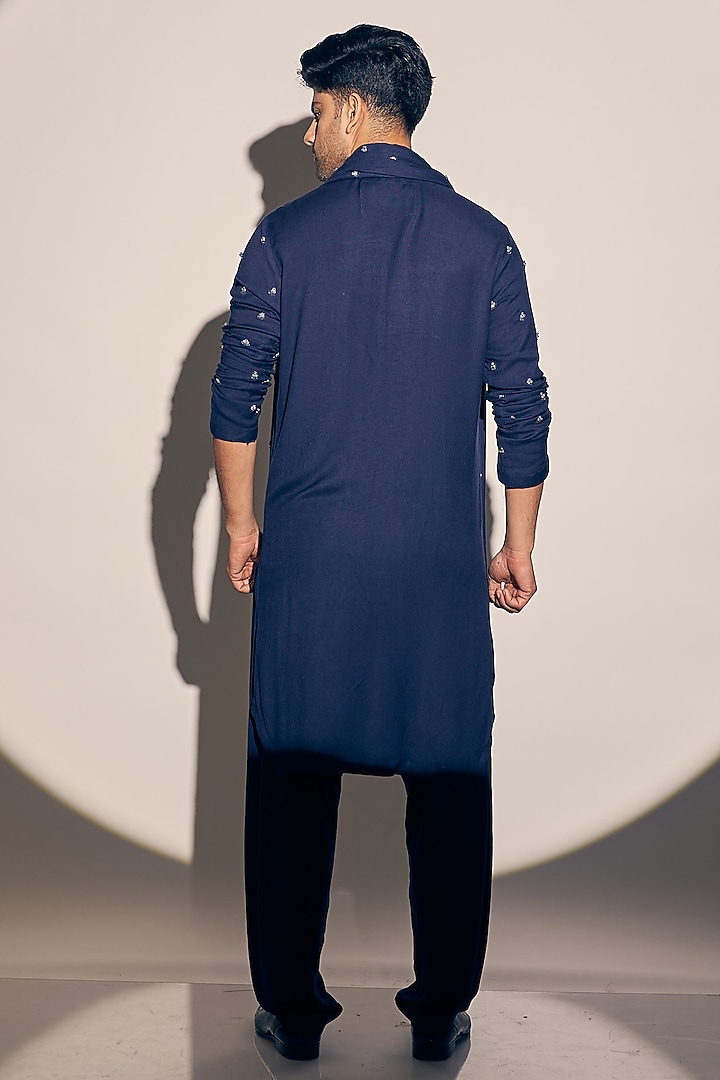 Navy Blue Twill Cotton Hand Embroidered Kurta Set by KAAJ Button at Pernia's Pop Up Shop
