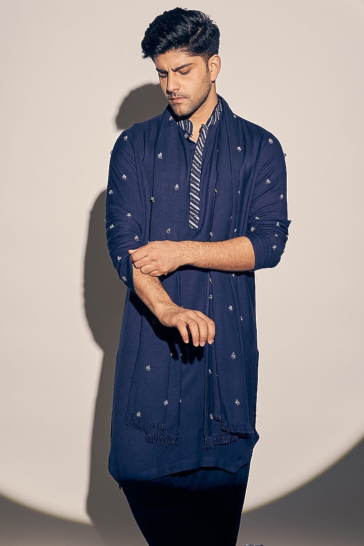 Navy Blue Twill Cotton Hand Embroidered Kurta Set by KAAJ Button at Pernia's Pop Up Shop