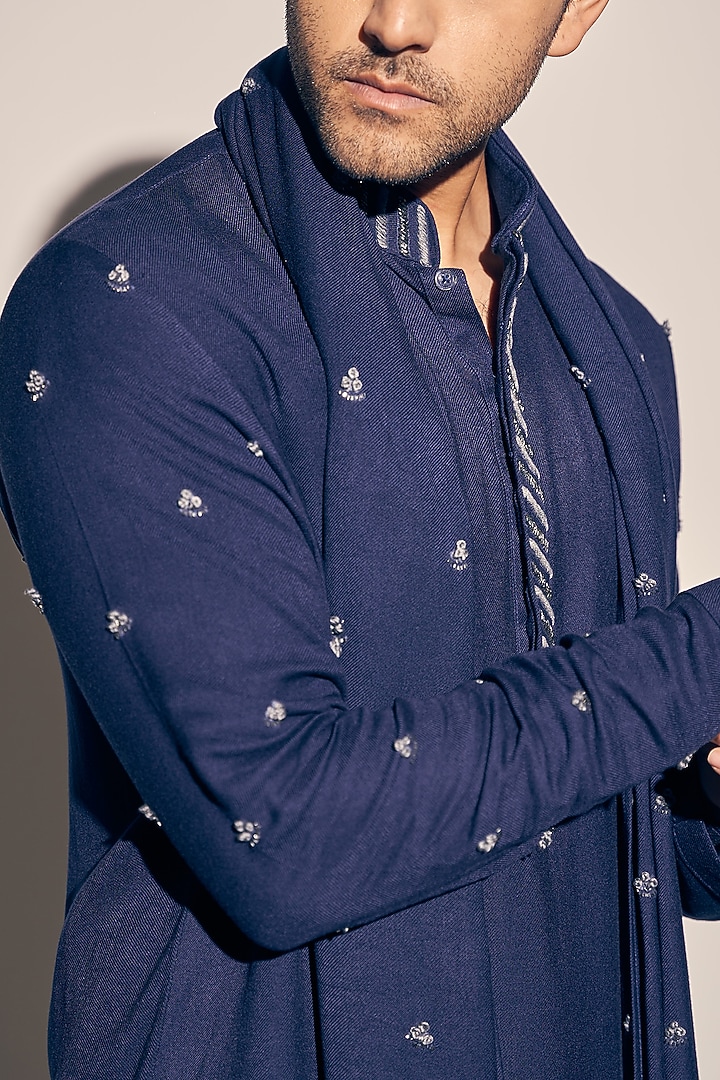 Navy Blue Twill Cotton Hand Embroidered Kurta Set by KAAJ Button at Pernia's Pop Up Shop