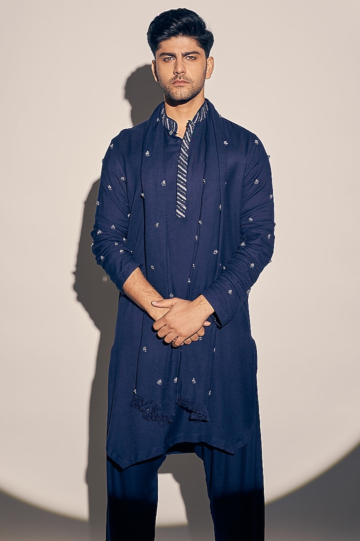 Navy Blue Twill Cotton Hand Embroidered Kurta Set by KAAJ Button at Pernia's Pop Up Shop
