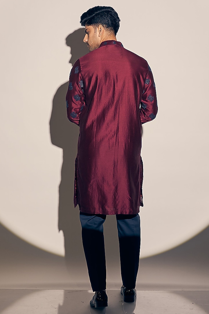 Maroon Chanderi Silk Embroidered Kurta Set by KAAJ Button at Pernia's Pop Up Shop