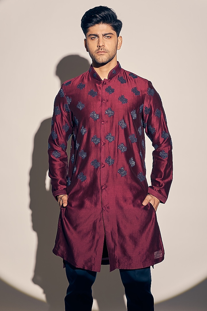 Maroon Chanderi Silk Embroidered Kurta Set by KAAJ Button at Pernia's Pop Up Shop
