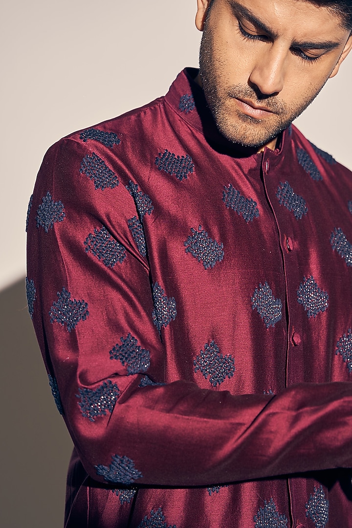 Maroon Chanderi Silk Embroidered Kurta Set by KAAJ Button at Pernia's Pop Up Shop