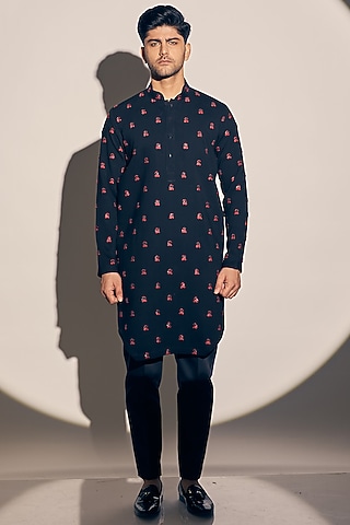 Blue Twill Embroidered Kurta Set by KAAJ Button