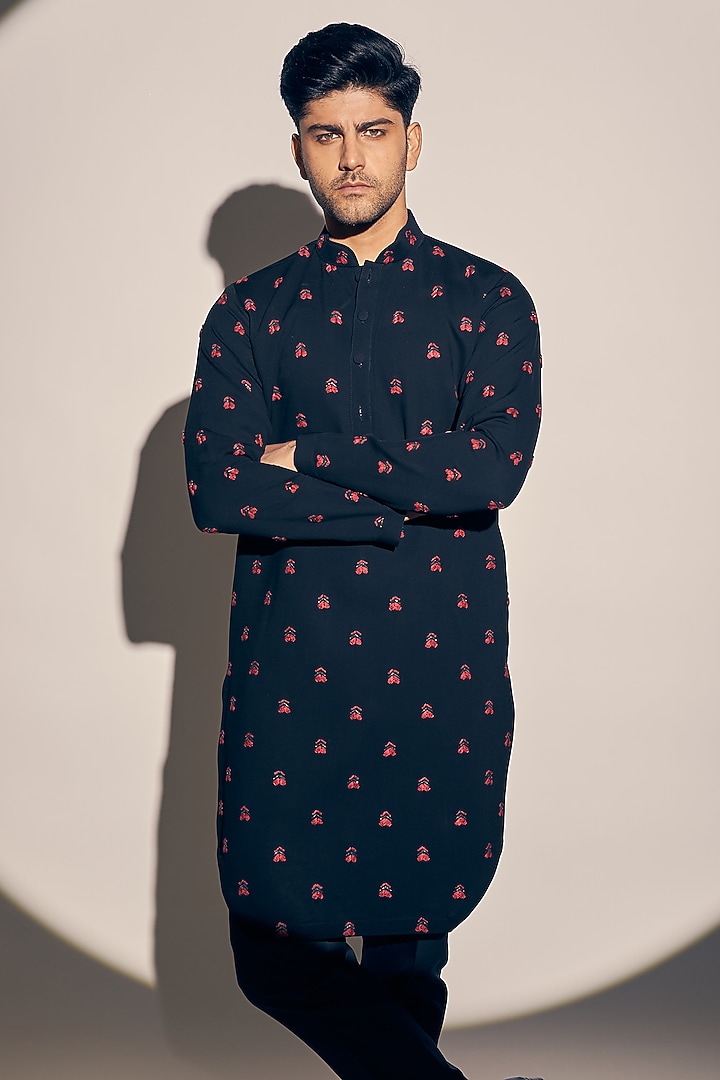 Blue Twill Embroidered Kurta Set by KAAJ Button at Pernia's Pop Up Shop