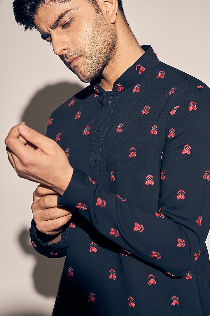 Blue Twill Embroidered Kurta Set by KAAJ Button at Pernia's Pop Up Shop