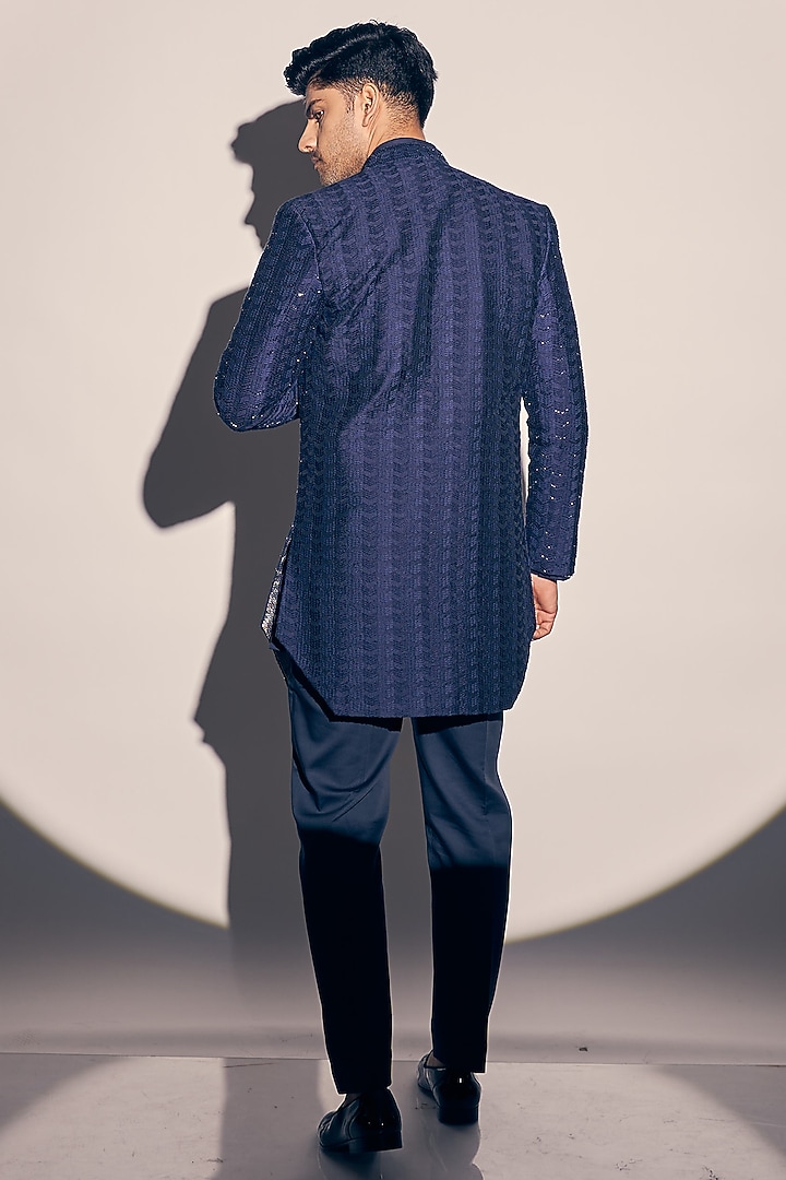 Navy Blue Georgette & Cotton Satin Embroidered Wedding Indowestern Set by KAAJ Button at Pernia's Pop Up Shop
