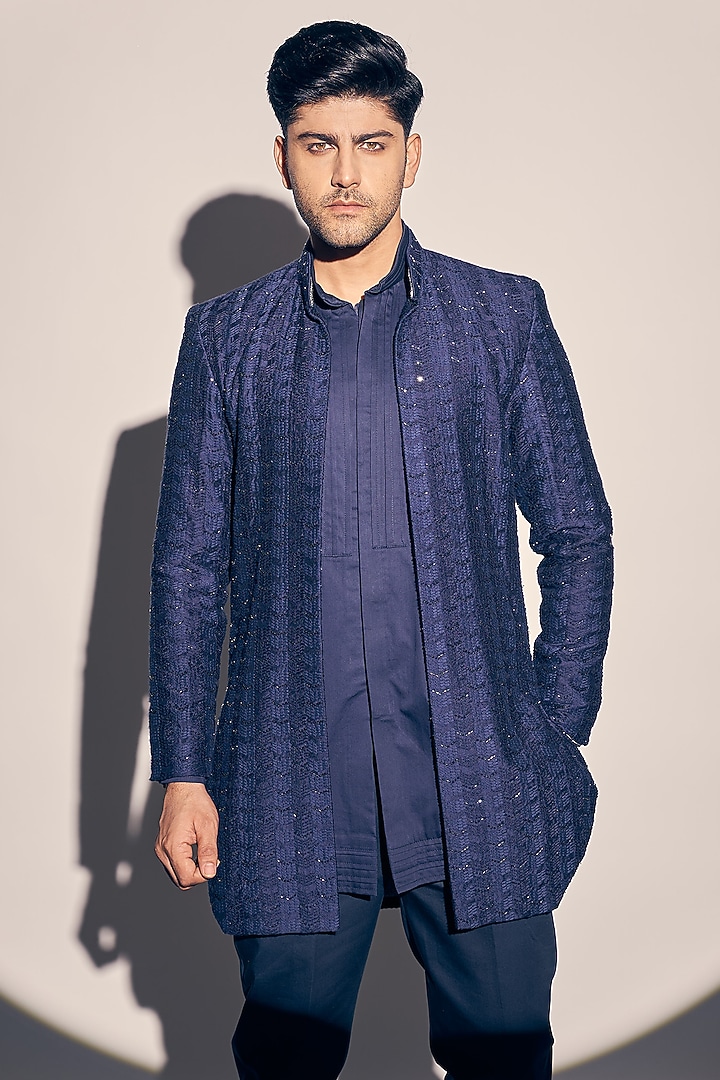Navy Blue Georgette & Cotton Satin Embroidered Wedding Indowestern Set by KAAJ Button at Pernia's Pop Up Shop