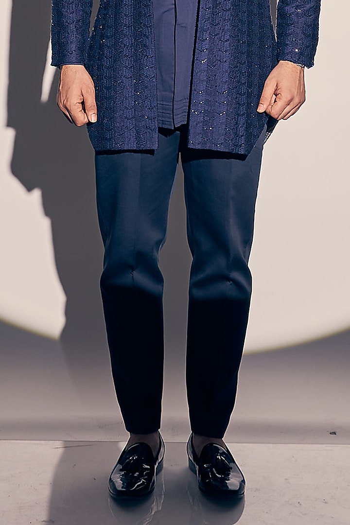Navy Blue Georgette & Cotton Satin Embroidered Wedding Indowestern Set by KAAJ Button at Pernia's Pop Up Shop