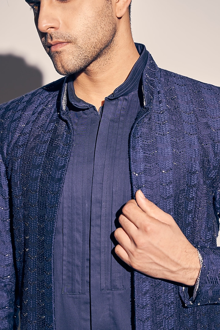 Navy Blue Georgette & Cotton Satin Embroidered Wedding Indowestern Set by KAAJ Button at Pernia's Pop Up Shop