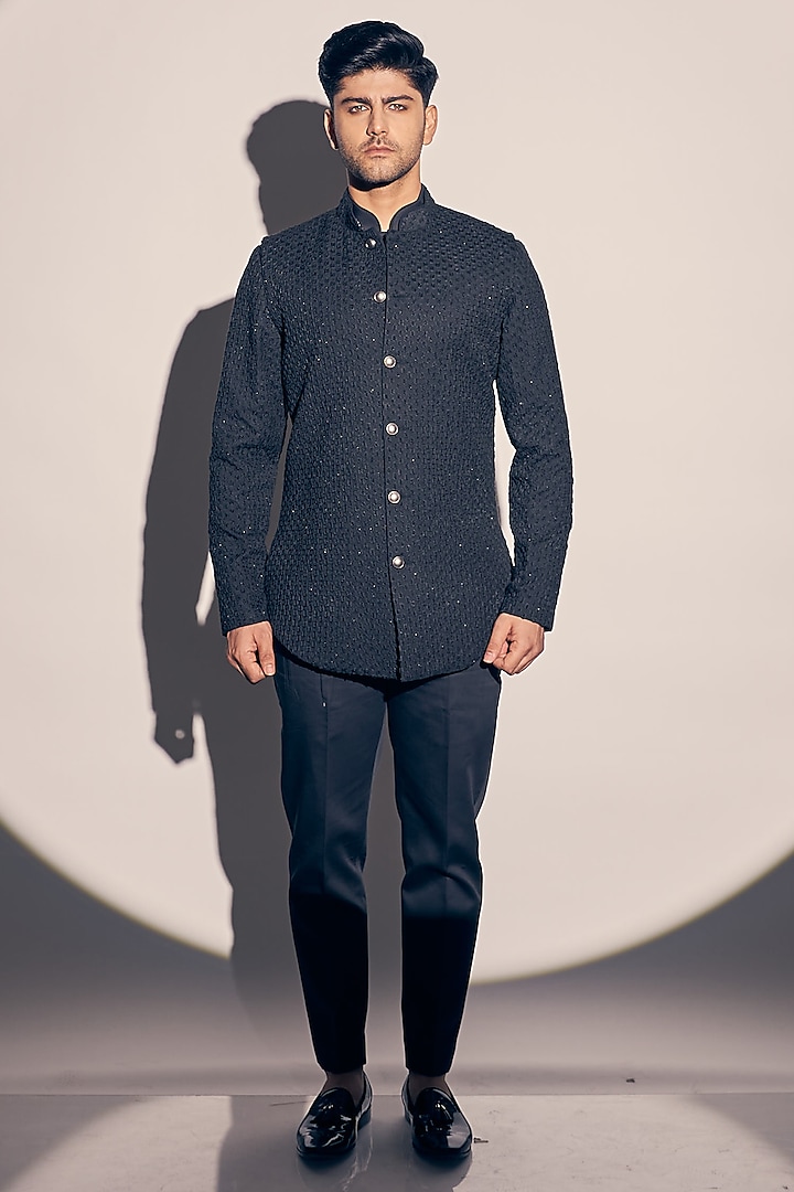 Navy Blue Suiting & Cotton Satin Embroidered Bundi Jacket Set by KAAJ Button