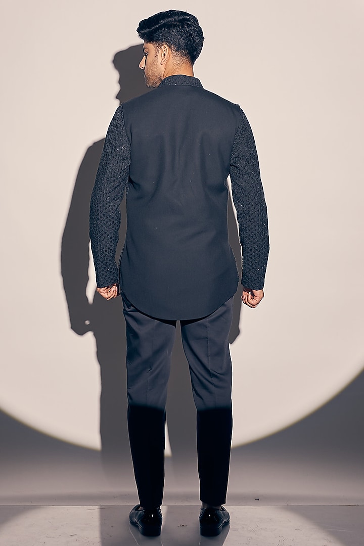 Navy Blue Suiting & Cotton Satin Embroidered Bundi Jacket Set by KAAJ Button at Pernia's Pop Up Shop
