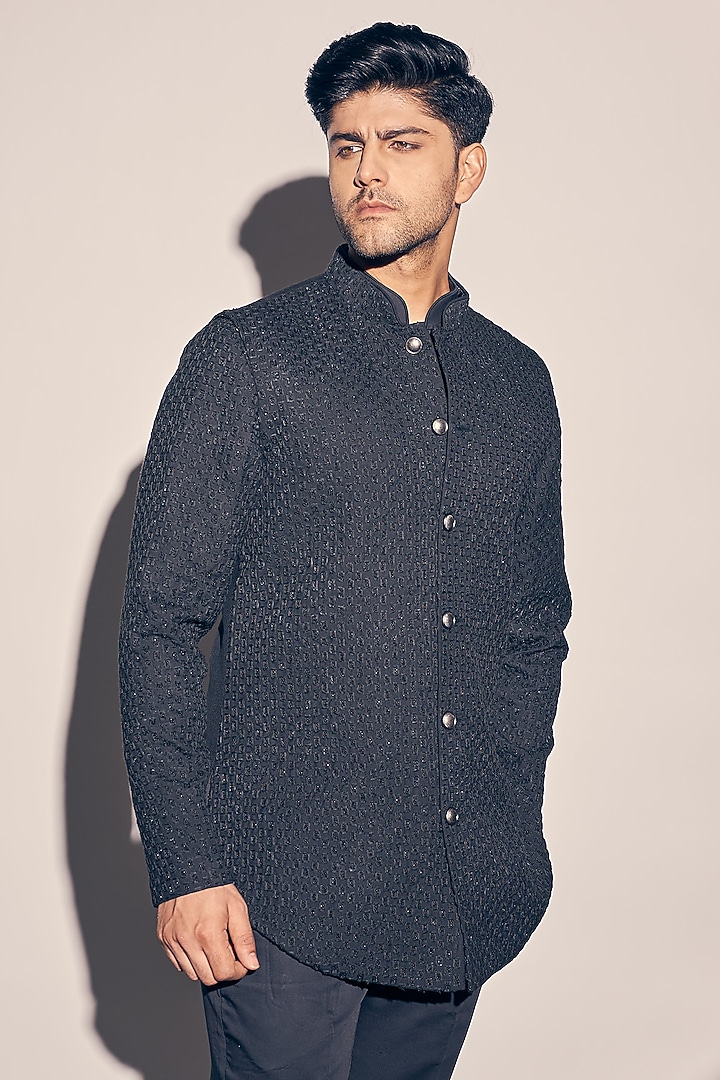 Navy Blue Suiting & Cotton Satin Embroidered Bundi Jacket Set by KAAJ Button at Pernia's Pop Up Shop