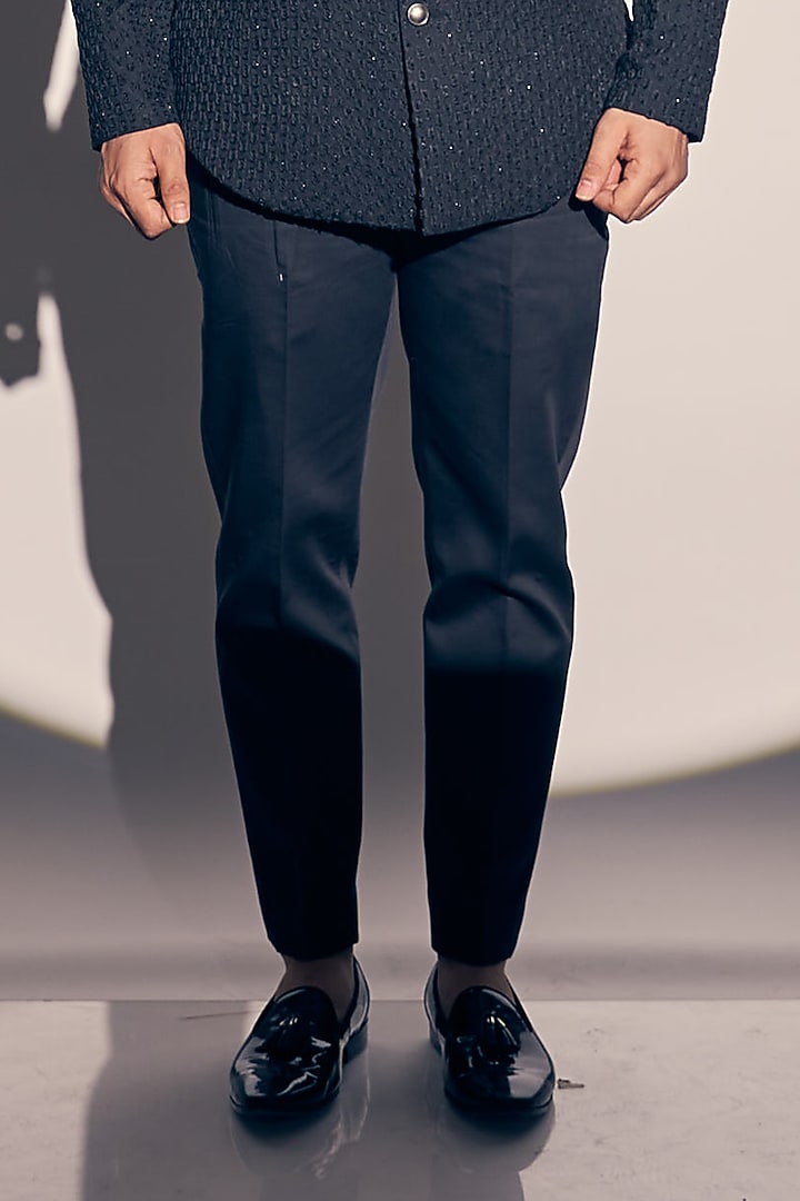 Navy Blue Suiting & Cotton Satin Embroidered Bundi Jacket Set by KAAJ Button at Pernia's Pop Up Shop