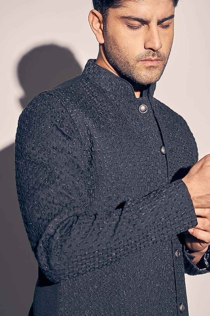 Navy Blue Suiting & Cotton Satin Embroidered Bundi Jacket Set by KAAJ Button at Pernia's Pop Up Shop