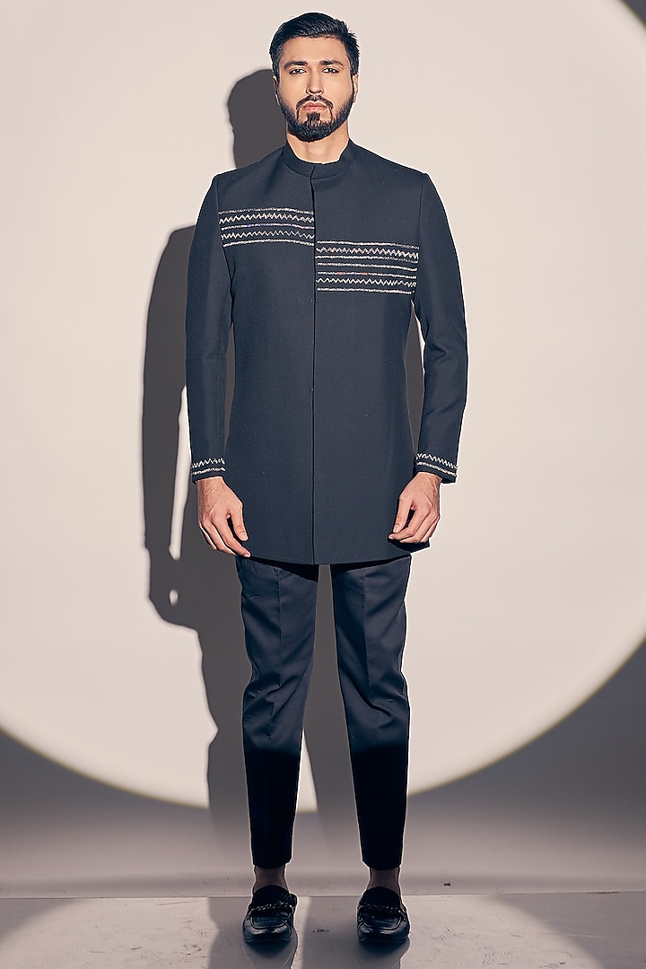 Blue Suiting Embroidered Jodhpuri Jacket Set by KAAJ Button
