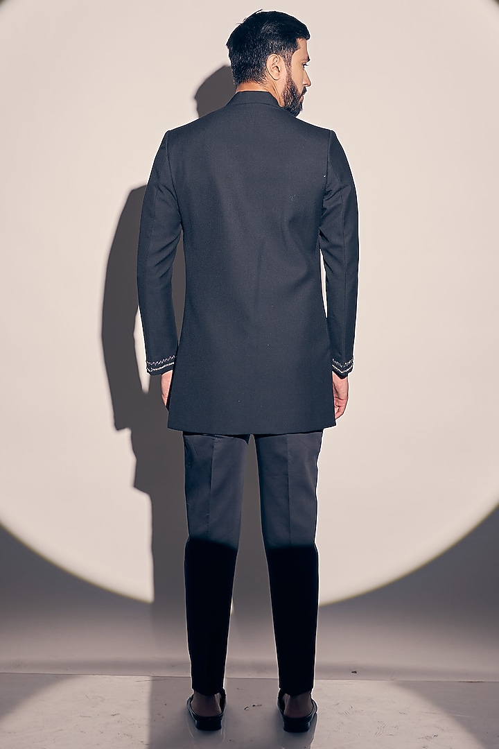 Blue Suiting Embroidered Jodhpuri Jacket Set by KAAJ Button at Pernia's Pop Up Shop