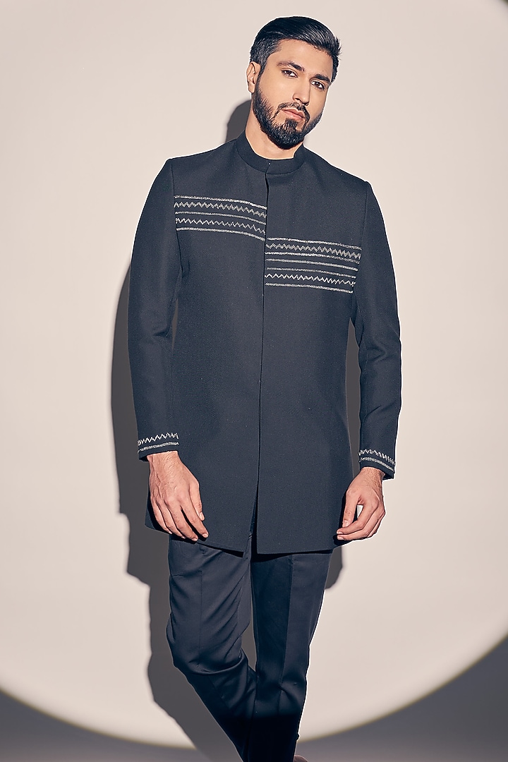Blue Suiting Embroidered Jodhpuri Jacket Set by KAAJ Button at Pernia's Pop Up Shop