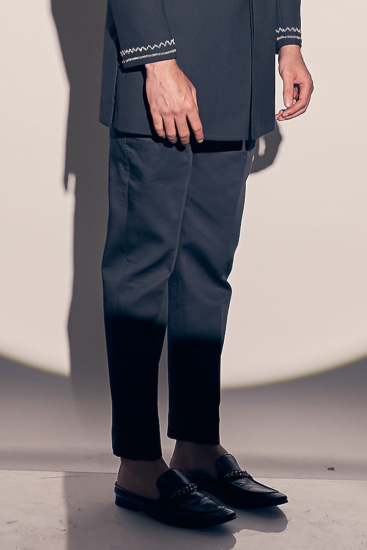 Blue Suiting Embroidered Jodhpuri Jacket Set by KAAJ Button at Pernia's Pop Up Shop